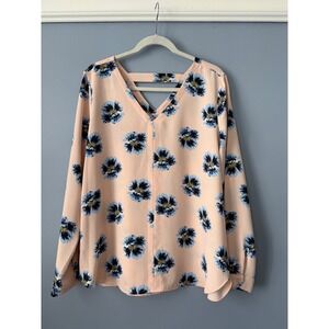LOFT Blush Pink Blue Floral Long Roll-Tab Sleeve Double V-Neck Boho Size Large